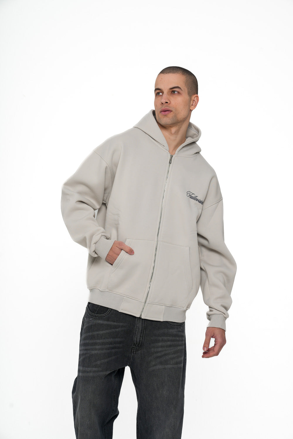 FULL ZIP-UP HOODIE IN ICE GREY